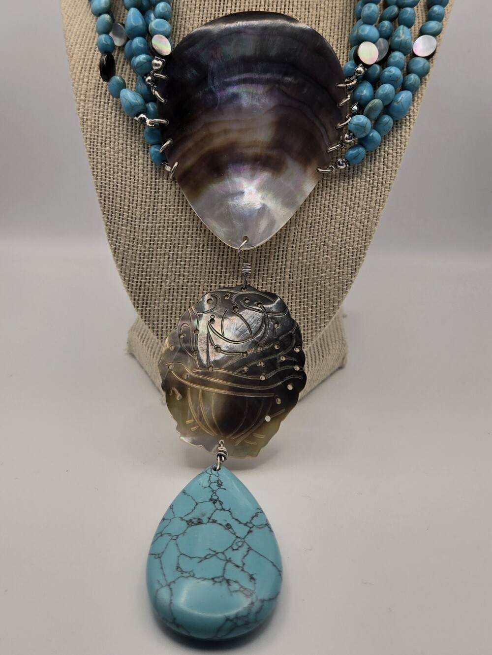 Chico's Turquoise Bead Statement Necklace with Abalone Shells Runway Luxe Beach
